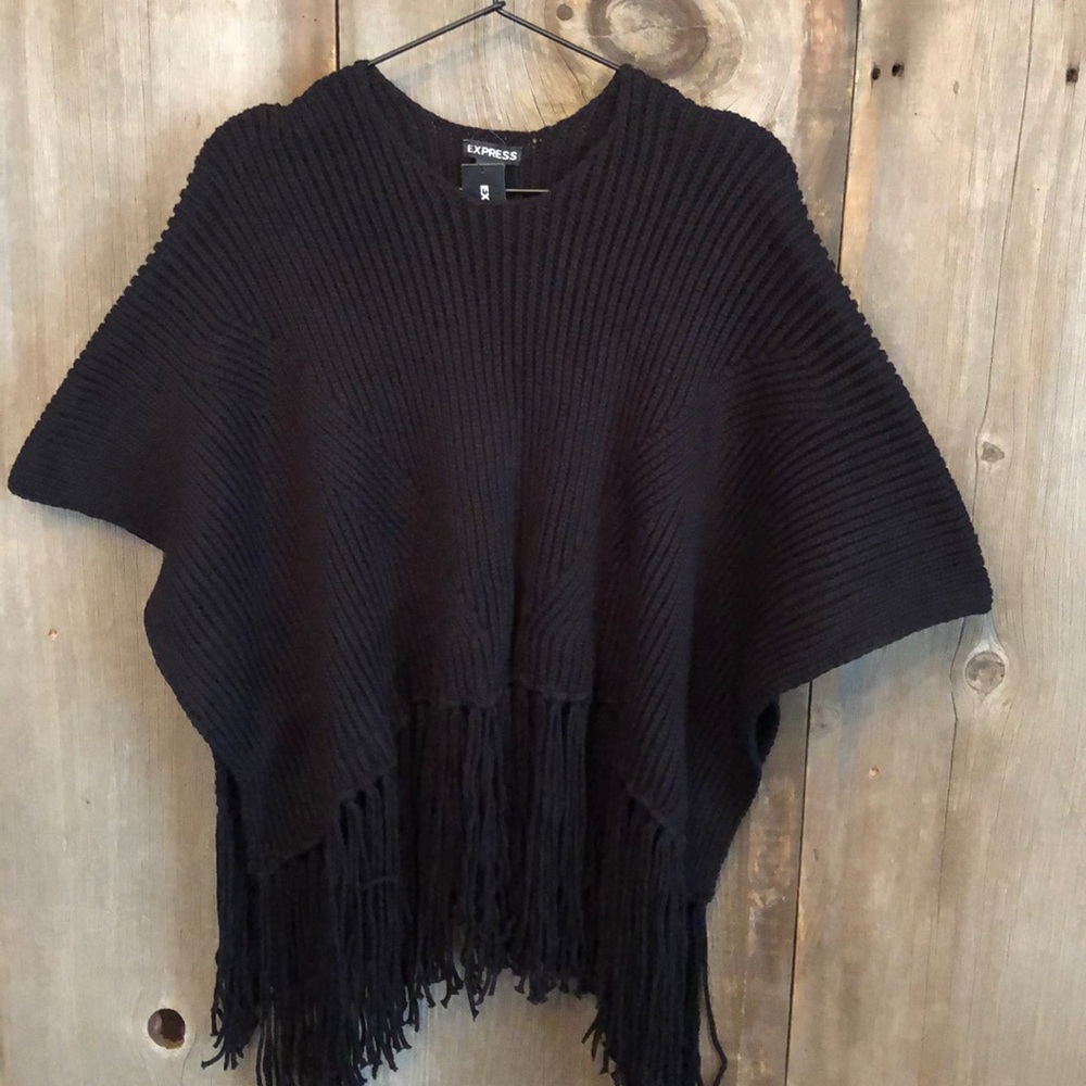 2016 Express Black Sweater Poncho Fringe One Size